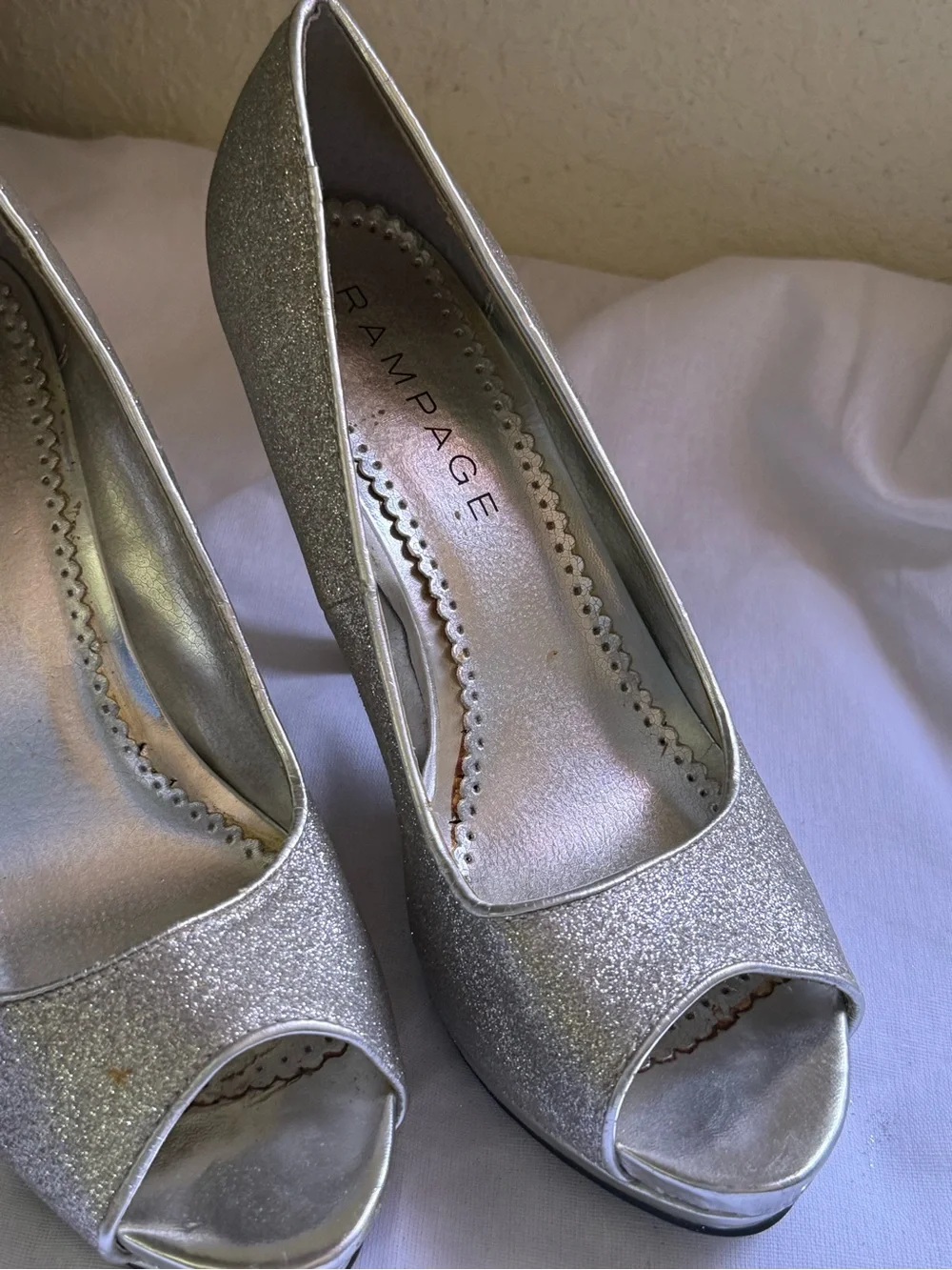 Rampage Silver Glitter Peep-Toe Heels